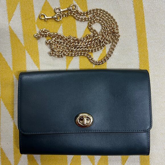 NEW Coach Marlow Turnlock Crossbody Clutch Dark Slate Blue Leather & Gold Chain - Picture 5 of 5